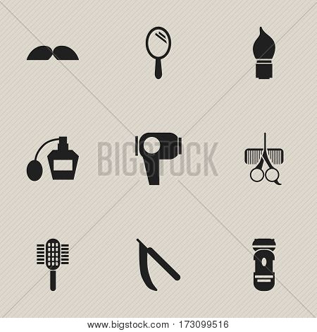 Set Of 9 Editable Tonsorial Artist Icons. Includes Symbols Such As Scrub, Reflector, Hairdresser Set And More. Can Be Used For Web, Mobile, UI And Infographic Design.
