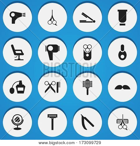 Set Of 16 Editable Barbershop Icons. Includes Symbols Such As Elbow Chair, Shaver, Cutter Apparatus And More. Can Be Used For Web, Mobile, UI And Infographic Design.