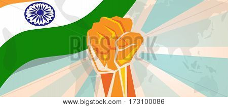 India fight and protest independence struggle rebellion show symbolic strength with hand fist illustration and flag vector