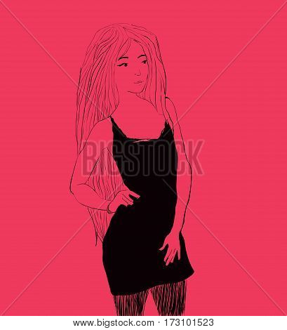 Vector beautiful woman with long hair in a slim short black dress illustration.