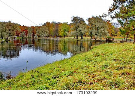 Beautiful romantic alley in a park with colorful trees and sunlight. autumn natural background Gatchina