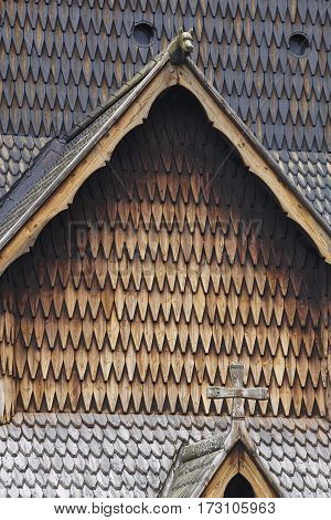 Norwegian stave church detail. Heddal. Historic building. Norway tourism. Horizontal
