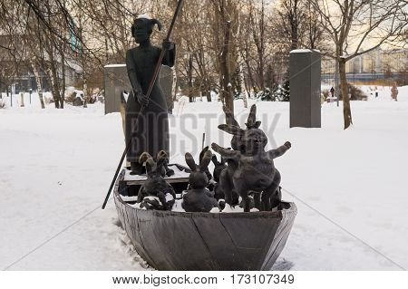 Moscow, Russia - January 17, 2017: Sculpture Santa Mazzei and hares in the arts Muzeon park in Moscow