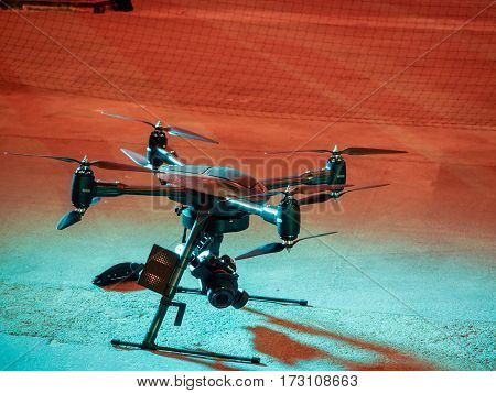 MUNICH GERMANY - FEBRUARY 16 2017: Aerialtronics company demonstrates its drone for visual inspection of hard to reach objects at IBM Genius of Things Summit in Munich Germany on February 16 2017