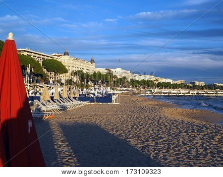 beach and famous hotels along The Promenade de la Croisette Cannes France the French Riviera