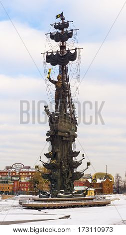 Moscow, Russia - January 17, 2017: Monument to Peter the Great in commemoration of the tercentenary of the Russian fleet on the Crimean embankment in Moscow