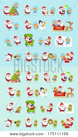 Santa and his helpers big set. Santa Claus, reindeer, snow maiden, ice princess, elf. Father Christmas daily activities stickers. Winter fun with Santa and his friends. Cartoon characters. Vector