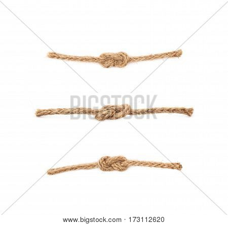 Single knot on a linen rope string isolated over the white background, set of three different foreshortenings