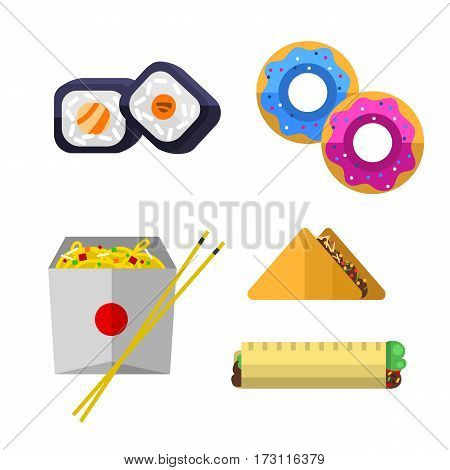 Vector icons sweet fast food elements. Restaurant breakfast menu isolated symbols. Cake design kitchen beverage dinner and dessert different meal.