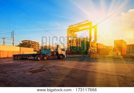 container ship in import export and business logistic.By crane Trade Port Shipping.cargo to harbor.Aerial view.Water transport.International.Shell Marine.Top view.
