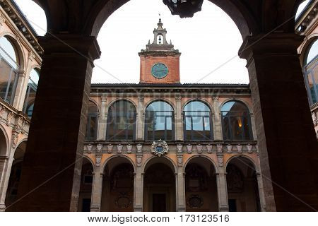 BOLOGNA ITALY -FEBRUARY 08 2017: tower and courtyard of Archiginnasio palace University of Bologna