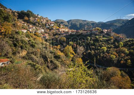 Scenic Mountain Autumn Landscape With  Village Langadia, Peloponnese, Greece