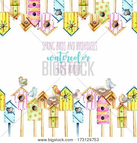 Card template, frame border with watercolor colorful birdhouses, cute birds and nests, hand drawn on a white background