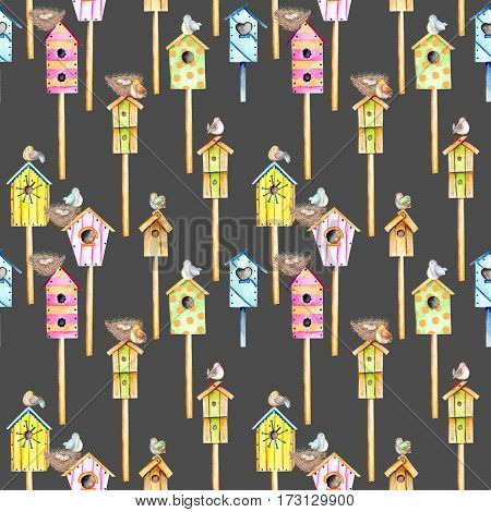 Seamless pattern with watercolor colorful birdhouses, cute birds and nests, hand drawn isolated on a dark background