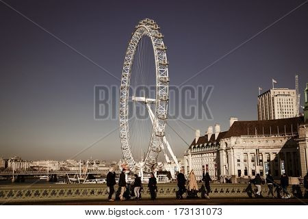 LONDON, UK - JANUARY 26, 2017: The EDF Energy London Eye next to the river Thames, UK