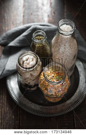 White beans, green beans, lentils and rice banks vertical