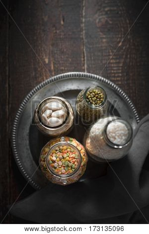 White beans, green beans, lentils and rice top view vertical