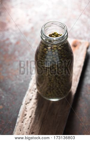 Green beans in a glass jar on a wooden stand vertical