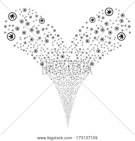 Cannabis fireworks stream. Vector illustration style is flat black iconic symbols on a white background. Object double fountain made from random symbols.