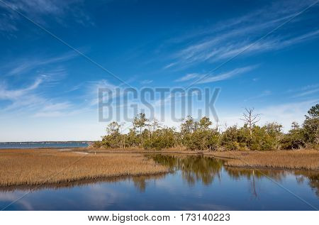 Overview of the Bogue Sound coastal area on the Pure knoll shores of Emerald island between the outer banks and the mainland of North Carolina