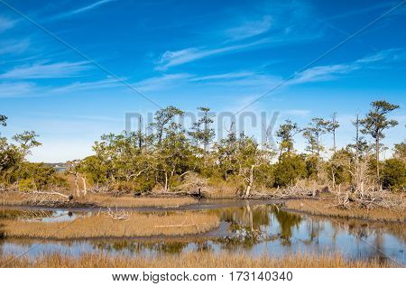 Overview of the Bogue Sound coastal area on the Pure knoll shores of Emerald island between the outer banks and the mainland of North Carolina