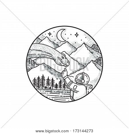 Tattoo style illustration of an astronaut pointing to a brontosaurus with mountain moon and stars in the background set inside circle.
