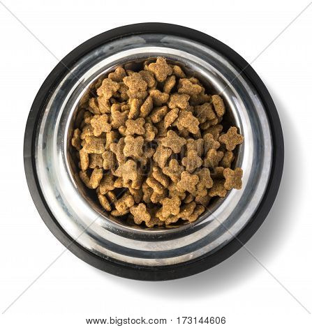 A Steel Bowl full of dog-food. Shot with an overhead camera rig. with clipping path