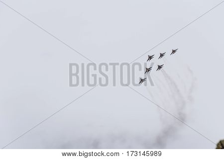 Air Show In The Sky Above The Krasnodar Airport Flight School. Airshow In Honor Of Defender Of The F