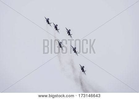 Air Show In The Sky Above The Krasnodar Airport Flight School. Airshow In Honor Of Defender Of The F