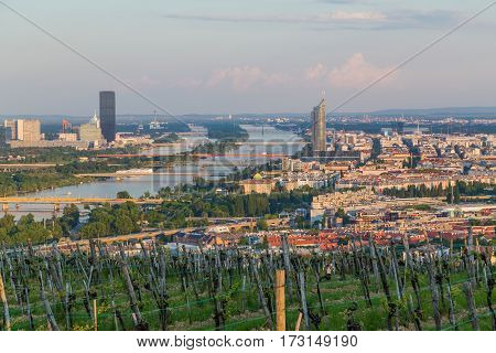 VIENNA AUSTRIA - 7TH MAY 2016: Part of the Vienna Skyline from kahlenberg showing buildings bridges and the River Danube.
