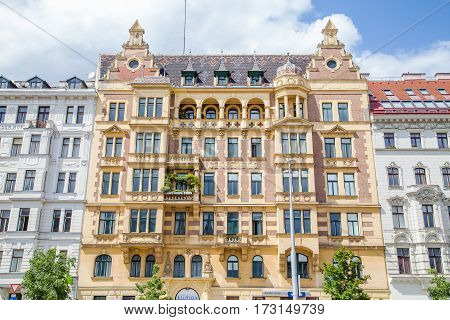VIENNA AUSTRIA - 15TH MAY 2016: The outside of typical architecture in central Vienna during the day showing the facades and details
