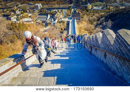 BEIJING, CHINA - 29 JANUARY, 2017: Fantastic view of impressive great wall on a beautiful sunny day, located at Juyong tourist site.