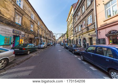 KRAKOW POLAND - 15TH OCTOBER 2016: The outside of buildings along Jozefa in Kazimierz district of Krakow during the day
