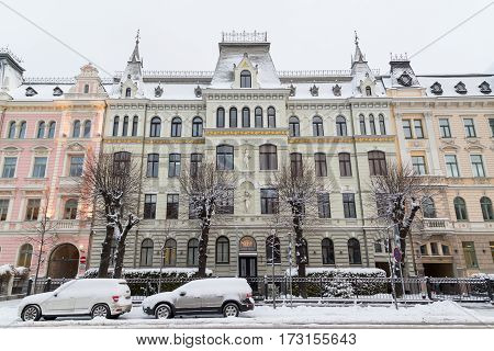 RIGA LATVIA - 3RD JAN 2017: Architecture along Elizabetes iela in central Riga showing the outside facades and details.