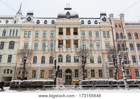 RIGA LATVIA - 3RD JAN 2017: Architecture along Elizabetes iela in central Riga showing the outside facades and details.