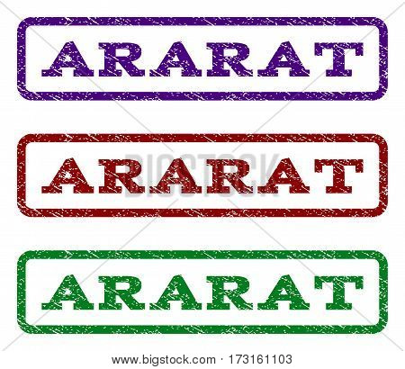 Ararat watermark stamp. Text tag inside rounded rectangle frame with grunge design style. Vector variants are indigo blue red green ink colors. Rubber seal stamp with unclean texture.