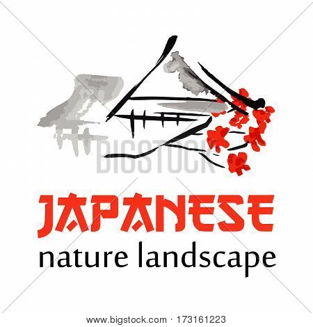 Asian landscape, building symbol and sakura blossoming branch in traditional japanese sumi-e style. Vector red sign, hieroglypgs Japan Park design
