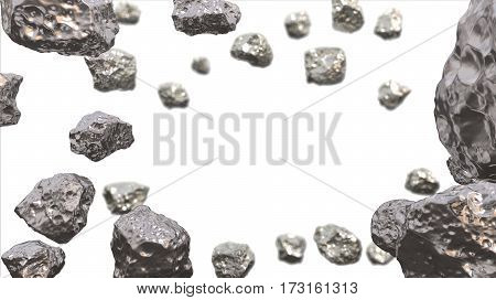 Abstract background in the space with silver asteroids. Copyspace empthy area. Can be used as a decorative greeting grungy or postcard framing for your design or text . 3d illustration.