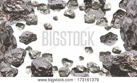 Abstract background in the space with silver asteroids. Copyspace empthy area. Can be used as a decorative greeting grungy or postcard framing for your design or text . 3d illustration.
