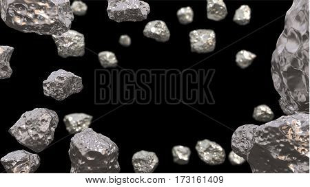 Abstract background in the space with silver asteroids. Copyspace empthy area. Can be used as a decorative greeting grungy or postcard framing for your design or text . 3d illustration.