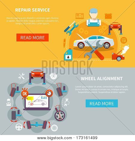 Auto service horizontal banners with repair service and wheel alignment decorative icons compositions  flat vector illustration