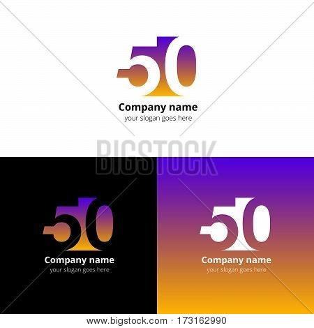 50 logo icon flat and vector design template. Monogram years numbers five and zero. Logotype fifty with yellow-pink gradient color. Creative vision concept logo, elements, sign, symbol for card