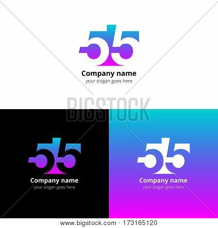 55 logo icon flat and vector design template. Monogram numbers five. Logotype fifty-five with green-pink gradient color. Creative vision concept logo, elements, sign, symbol for card, brand, banners.