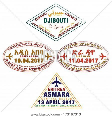 Stylised Passport Stamps Of Djibouti, Ethiopia And Eritrea In Vector Format.