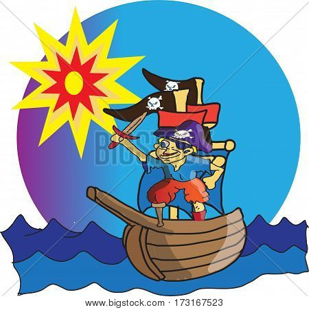 Most boys wish to become pirates and sail the seven seas . This one
managed to make his dream come true. So now with his little ship a wooden leg and a sword he sets off 
to become every landlubbers scourge.