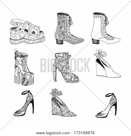 High-heeled shoes set for woman. Fashion footwear artwork in blackblack style pattern fill. Isolated clipart for coloring book pages design