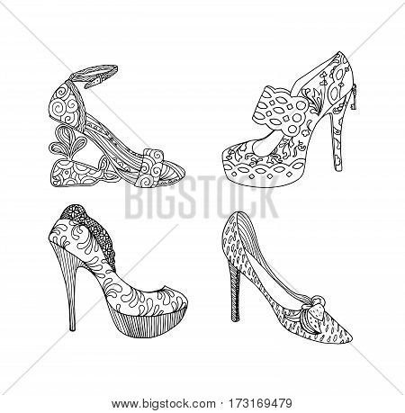 High-heeled shoes set for woman. Fashion footwear artwork in blackblack style pattern fill. Isolated clipart for coloring book pages design