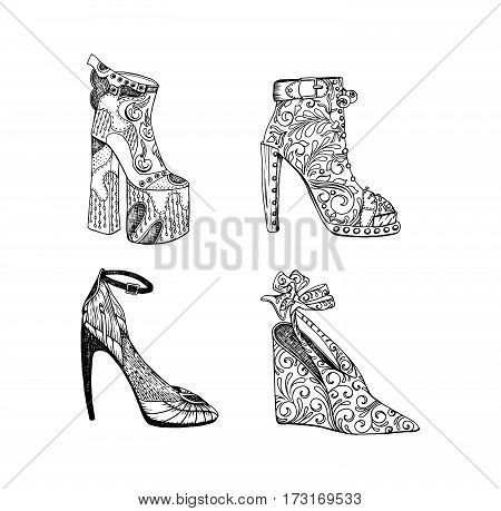 High-heeled shoes set for woman. Fashion footwear artwork in blackblack style pattern fill. Isolated clipart for coloring book pages design