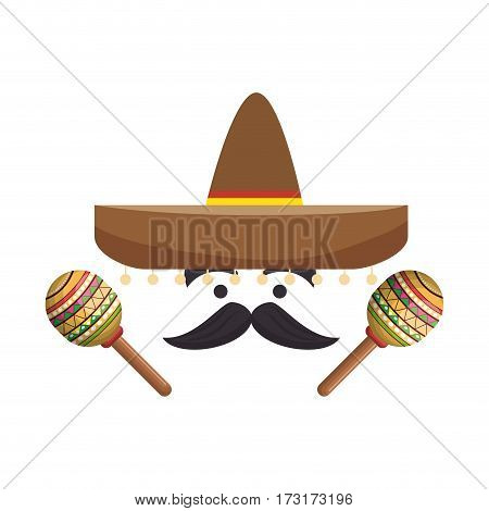 colorful cartoon face with maraca and mexican hat vector illustration