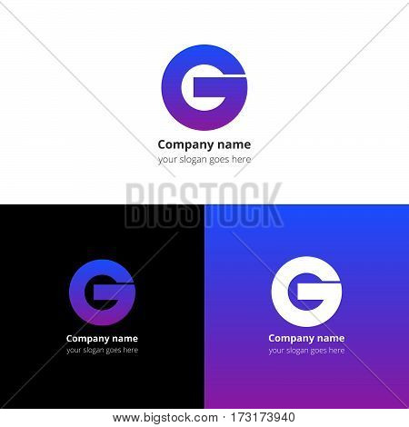 Letter G logo icon flat and vector design template. Trend blue-violet gradient color on white and black background. Bold symbol G.